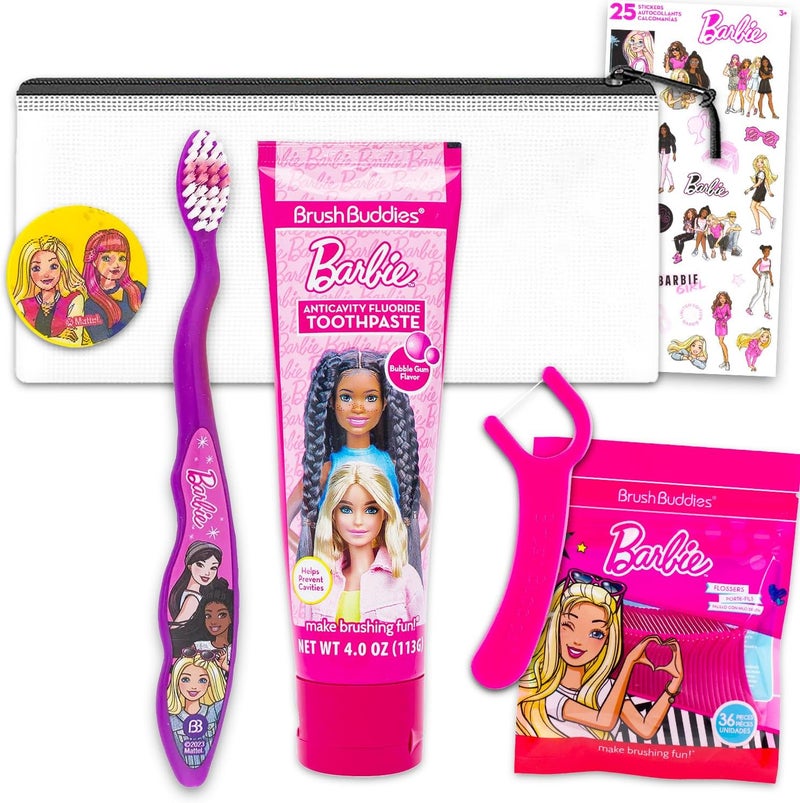 Barbie Oral Care Traveling Kit for Kids - Bundle with Toothbrush with Cover, Toothpaste, Floss Pack, Travel Bag, and More for Girls, Toddlers | Toothbrush Set - Image 1